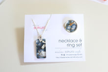 Load image into Gallery viewer, Blue Ume Blossoms - Washi Paper Necklace and Ring Set