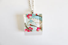 Load image into Gallery viewer, Cranes and Cherry Blossoms II - Square Washi Paper Pendant Necklace