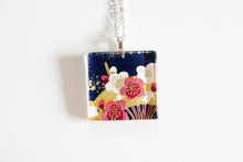Load image into Gallery viewer, Fans and Plums - Square Washi Paper Pendant Necklace
