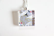 Load image into Gallery viewer, Cranes and Shibori - Square Washi Paper Pendant Necklace
