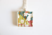 Load image into Gallery viewer, Cranes Over Blossoms - Square Washi Paper Pendant Necklace