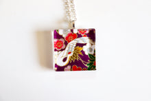 Load image into Gallery viewer, Crane in Purple Sky 2 - Square Washi Paper Pendant Necklace