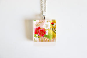 Pink Sakura Fans - Square Washi Paper Pendant Necklace