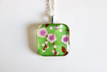 Load image into Gallery viewer, Green Blossoms - Rounded Square Washi Paper Pendant Necklace