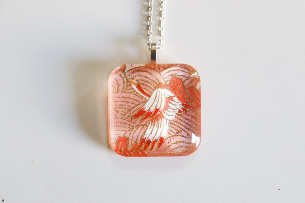 Peach Cranes - Rounded Square Washi Paper Pendant Necklace