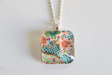 Load image into Gallery viewer, Shibori with Blossoms - Rounded Square Washi Paper Pendant Necklace