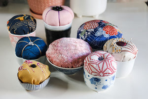 Pink and Blue Tall - Kimono fabric Pottery Pin Cushion