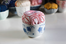 Load image into Gallery viewer, Red Shibori - Kimono fabric Pottery Pin Cushion