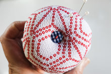 Load image into Gallery viewer, Red Shibori - Kimono fabric Pottery Pin Cushion