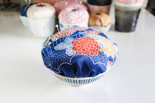 Load image into Gallery viewer, Large Chrysanthemum Blue - Kimono fabric Pottery Pin Cushion