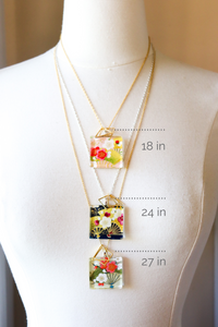 Cranes and Red Blossoms - Square Washi Paper Pendant Necklace