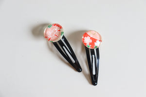Red n Pink Blossoms - 1 matched pair of snap hair clips