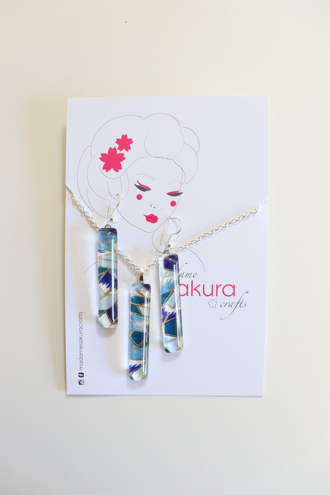 Blue Geo Dangles - Washi Paper Necklace and Long Earring Set