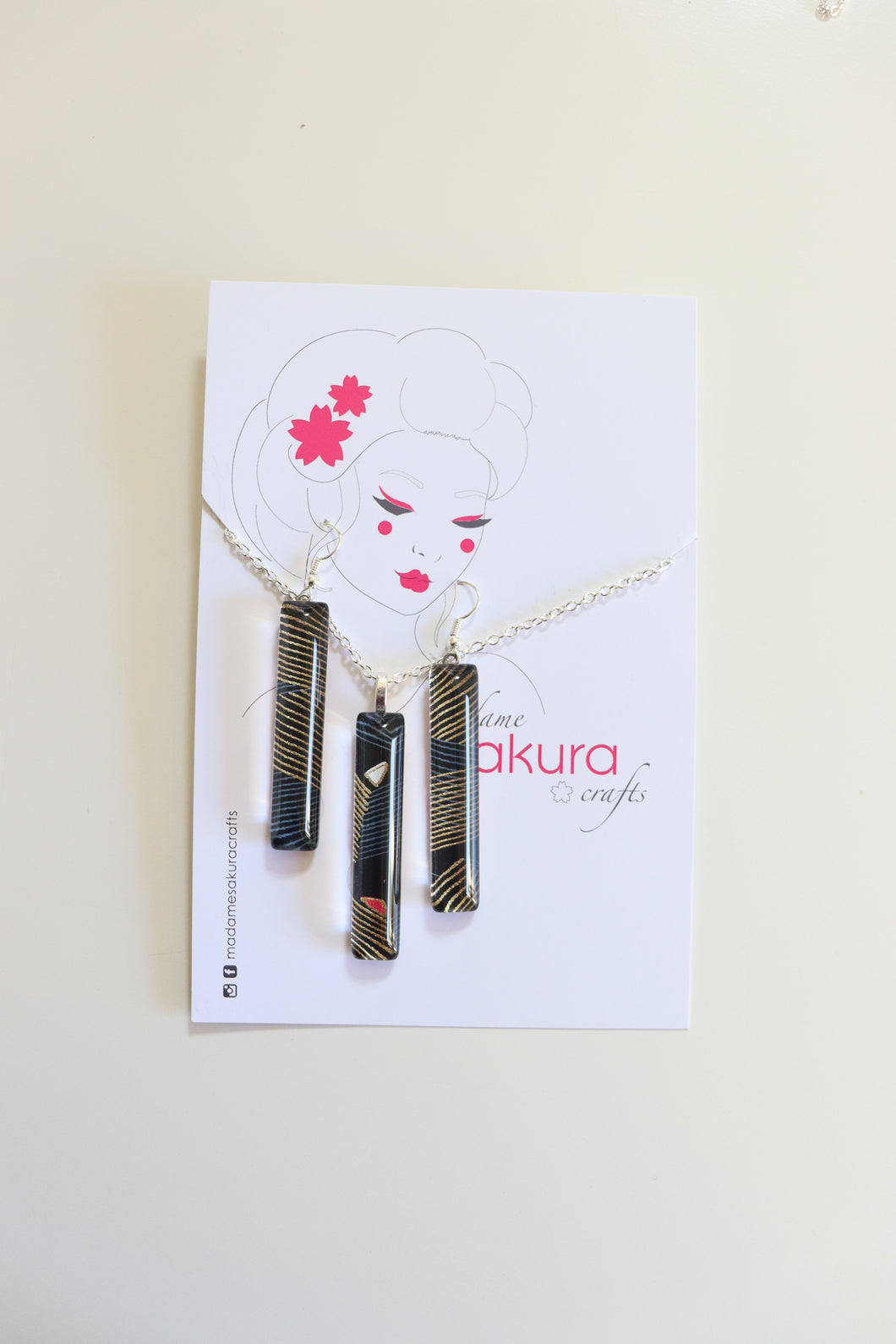 Black Stripes - Washi Paper Necklace and Long Earring Set
