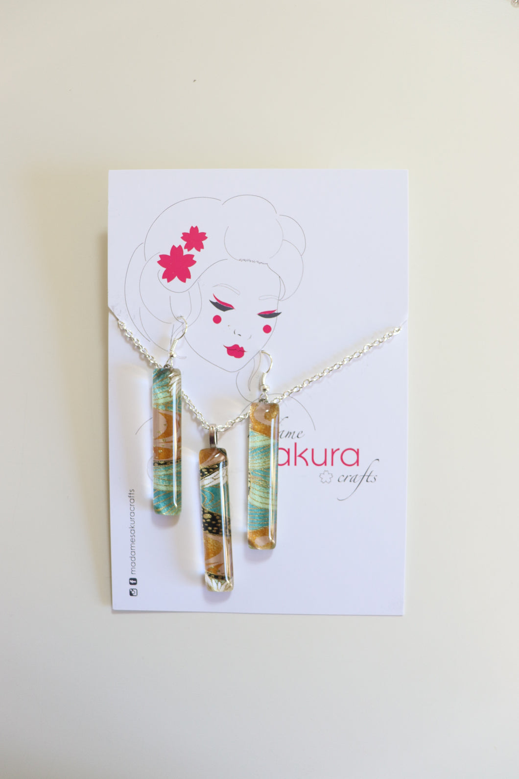 Golden Waters - Washi Paper Necklace and Long Earring Set