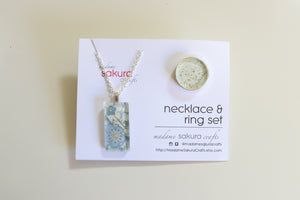 Sky Blue Ume Blossoms - Washi Paper Necklace and Ring Set