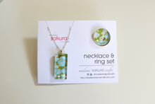 Load image into Gallery viewer, Green Blossoms - Washi Paper Necklace and Ring Set
