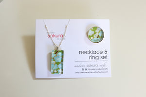 Green Blossoms - Washi Paper Necklace and Ring Set