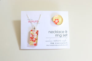 Red on Yellow - Washi Paper Necklace and Ring Set