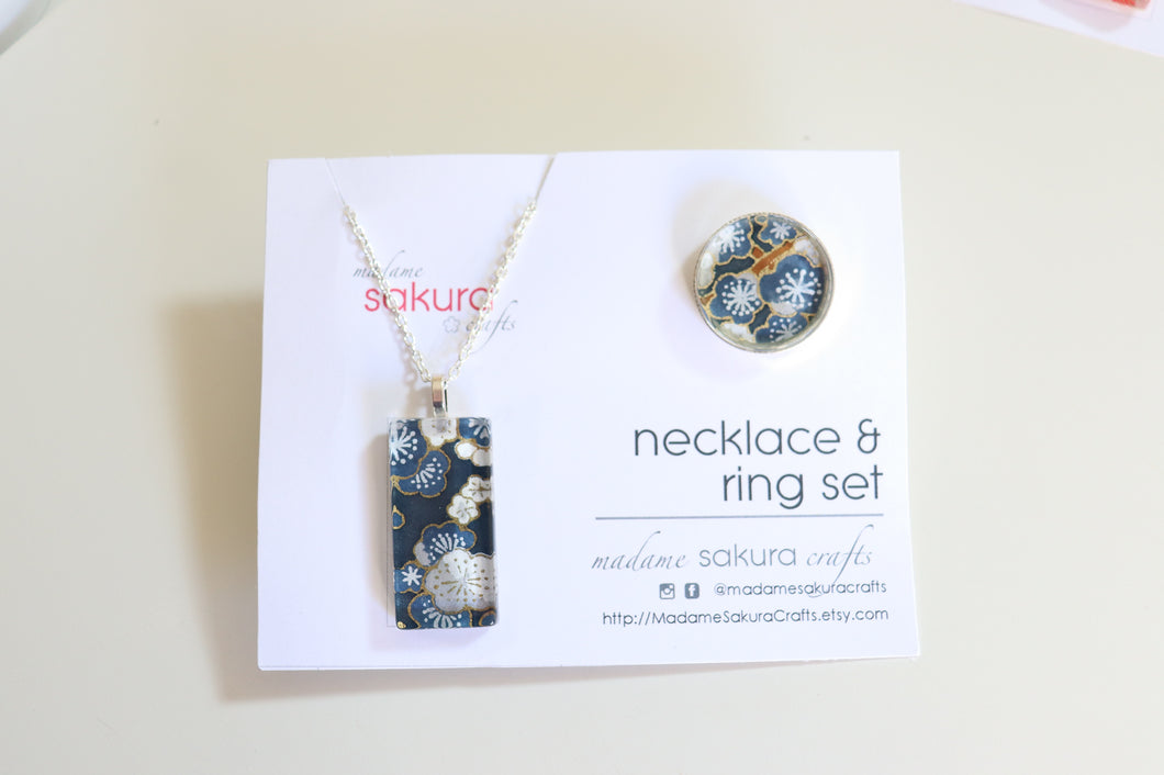 Blue Ume Blossoms - Washi Paper Necklace and Ring Set