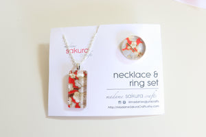 Red Ume Blossoms - Washi Paper Necklace and Ring Set
