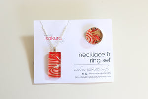 Red Cranes - Washi Paper Necklace and Ring Set