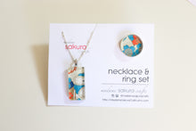 Load image into Gallery viewer, Teal and Orange Flowers - Washi Paper Necklace and Ring Set
