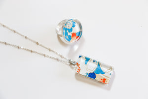 Teal and Orange Flowers - Washi Paper Necklace and Ring Set