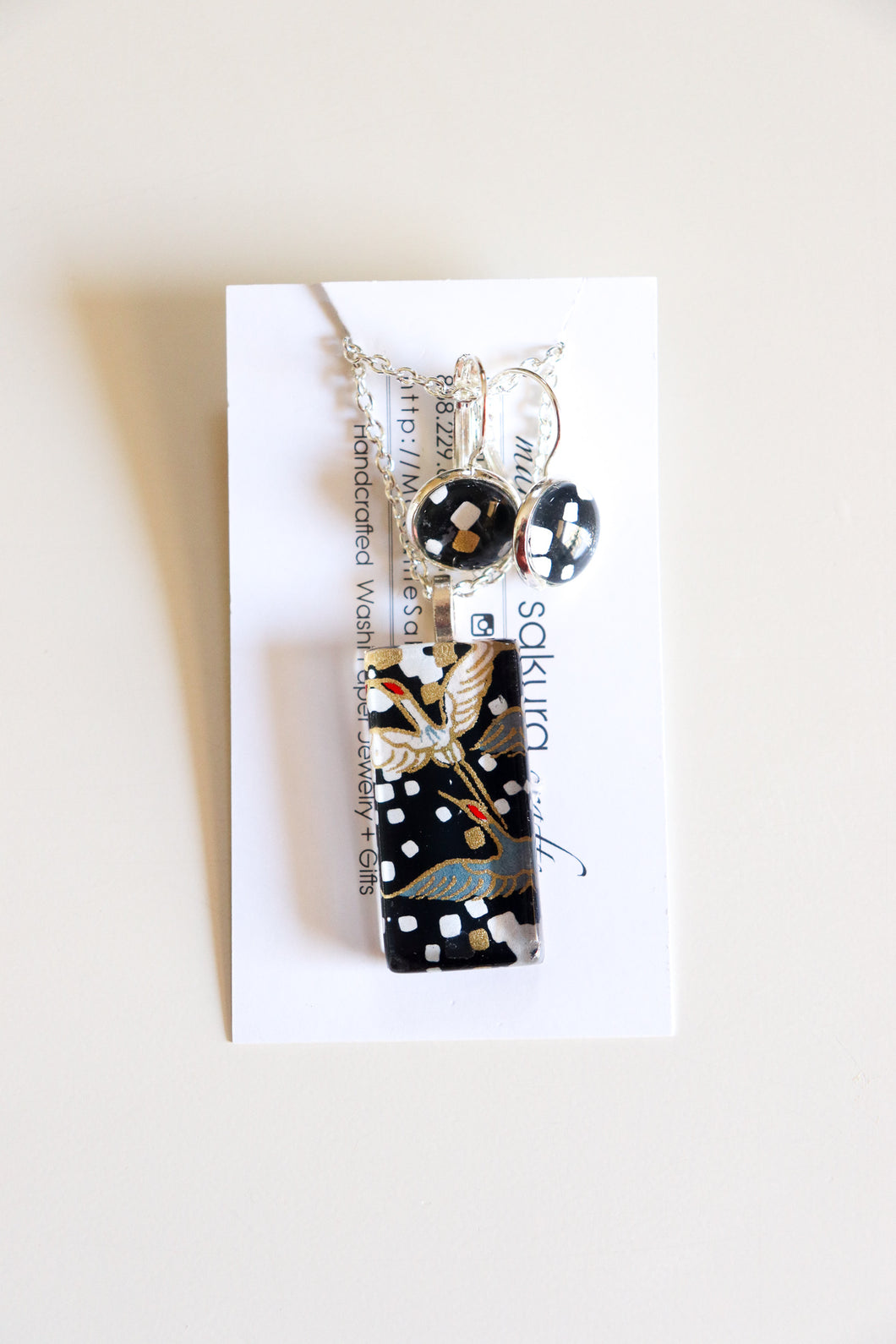 Black Cranes II - Washi Paper Necklace and Earring Set