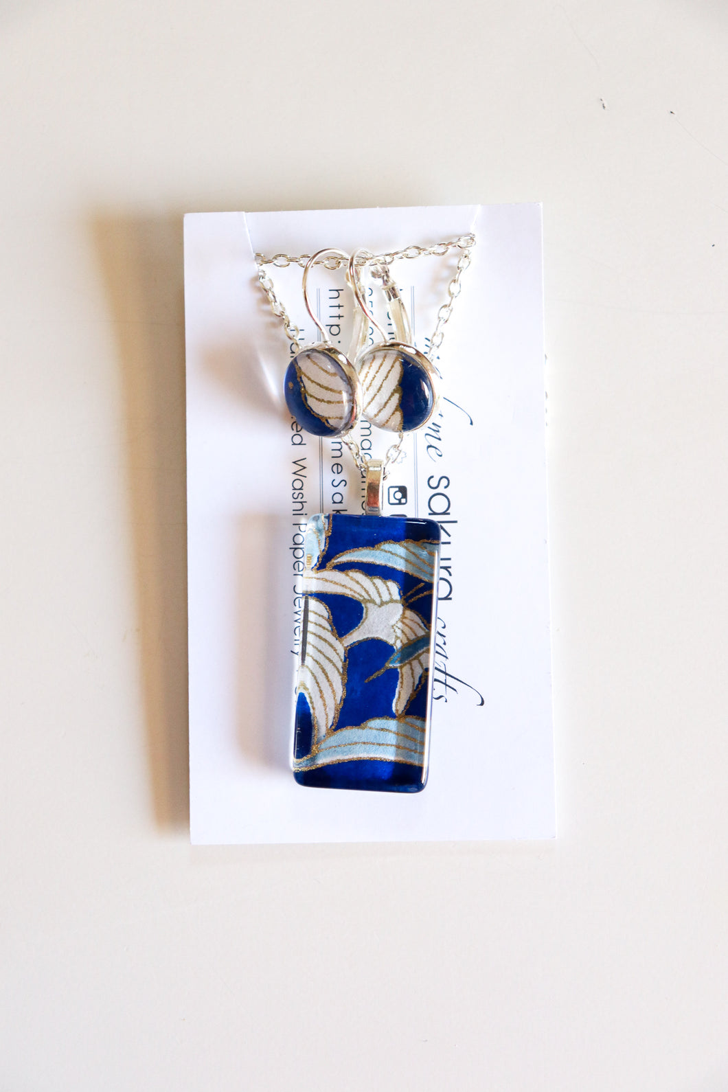 Blue Cranes II - Washi Paper Necklace and Earring Set