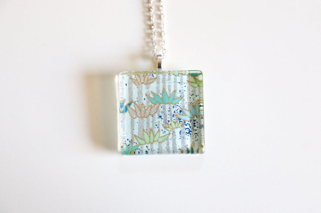 Silver Bamboo - Square Washi Paper Pendant Necklace