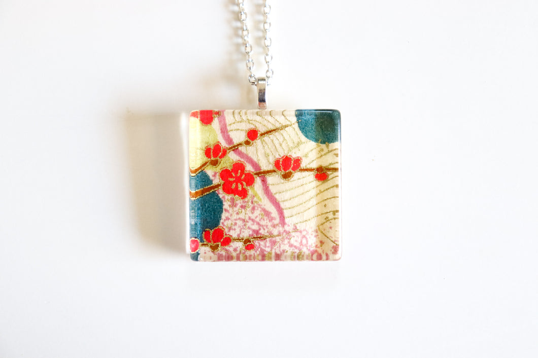 Blossom Branch - Square Washi Paper Pendant Necklace