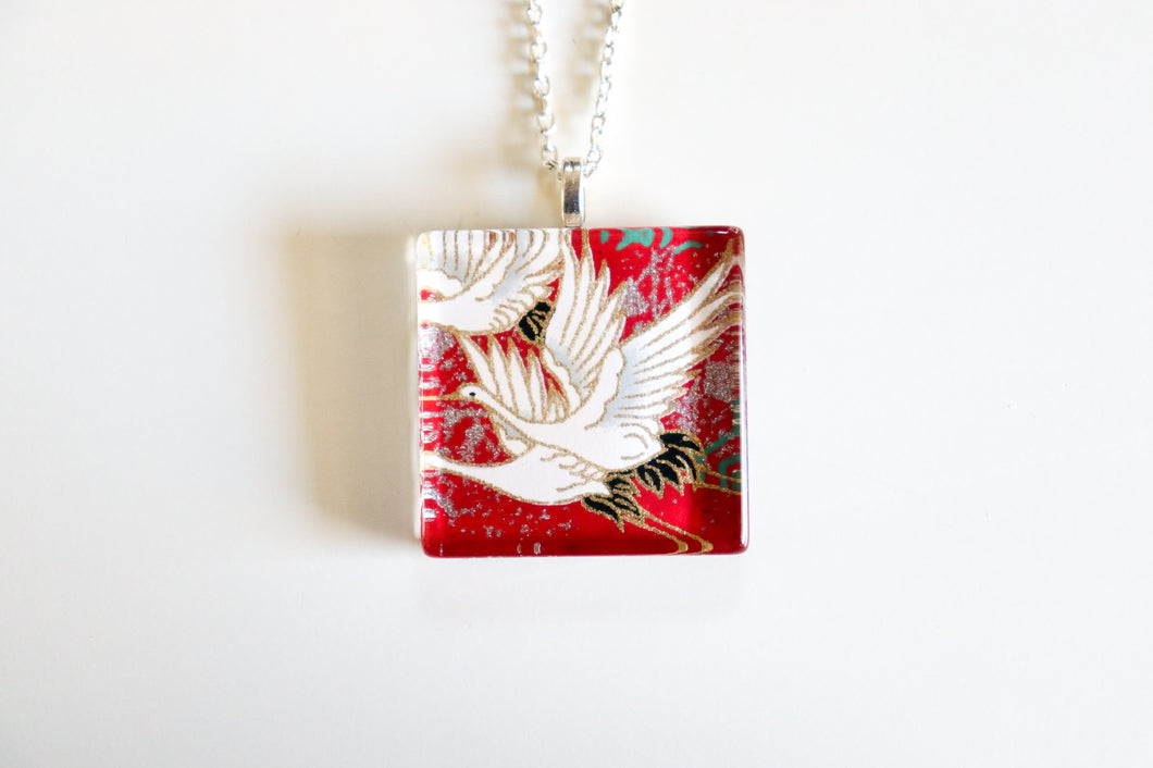 Cranes in Red Skies - Square Washi Paper Pendant Necklace