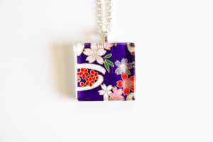 Purple Cherry - Square Washi Paper Pendant Necklace