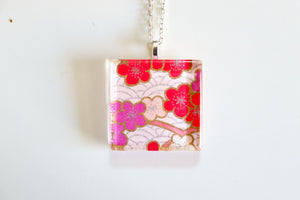 Plum Blossom over water - Square Washi Paper Pendant Necklace
