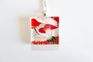 Fiery Skies and Cranes - Square Washi Paper Pendant Necklace