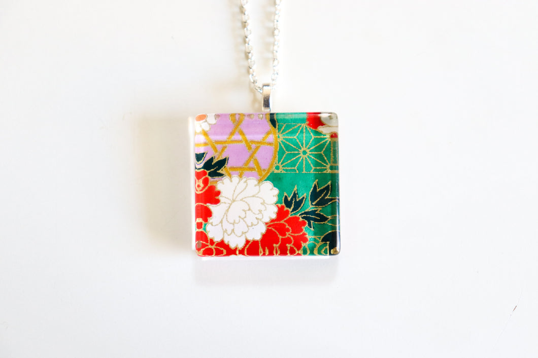 Green Landscape - Square Washi Paper Pendant Necklace