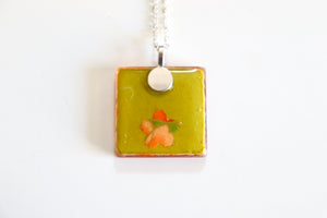 Orange Blossoms - Square Washi Paper Pendant Necklace