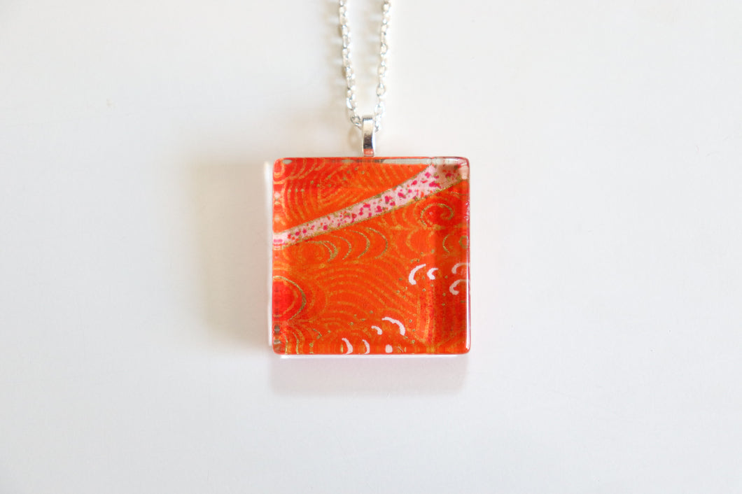 Orange Landscapes - Square Washi Paper Pendant Necklace