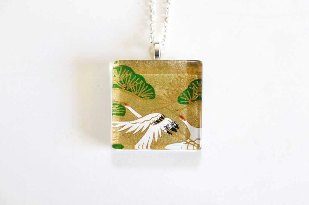 Golden Flight - Square Washi Paper Pendant Necklace
