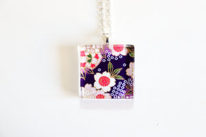 Blossoms & Shibori  - Square Washi Paper Pendant Necklace