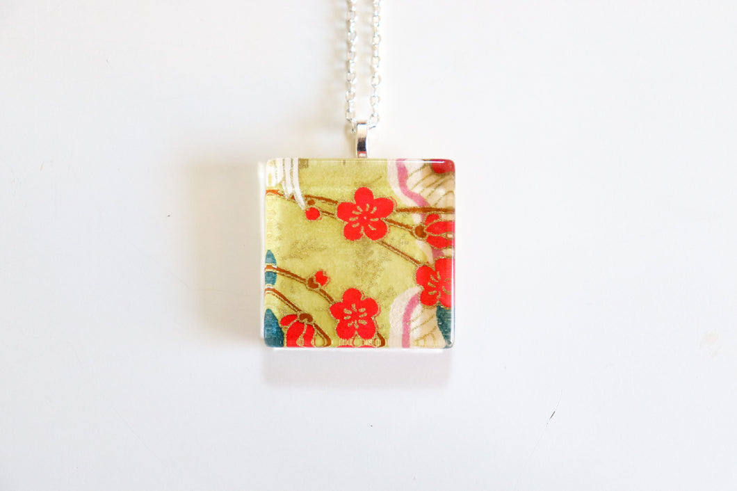 Red Plums - Square Washi Paper Pendant Necklace