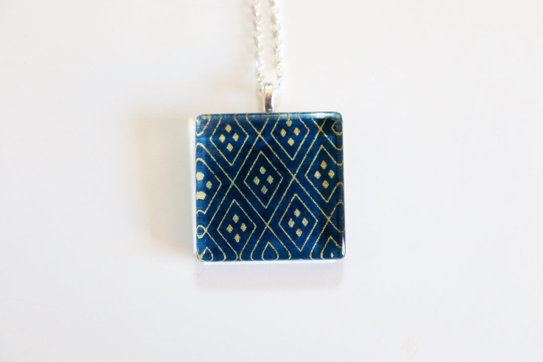 Deep Blue Geometry - Square Washi Paper Pendant Necklace