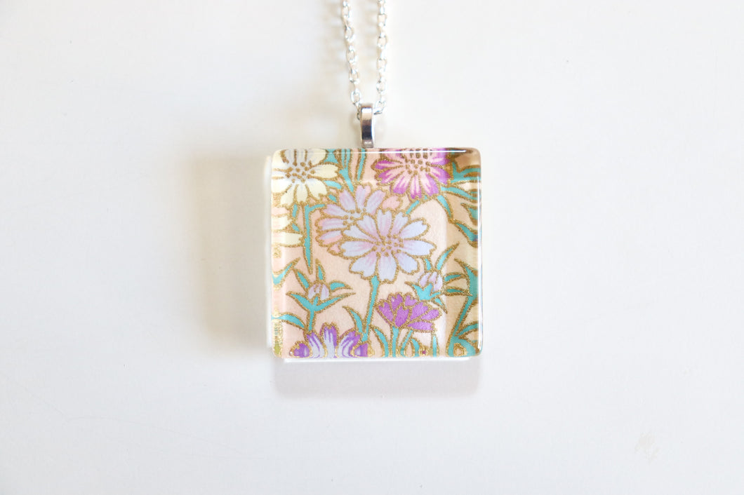 Purple Blossoms - Square Washi Paper Pendant Necklace