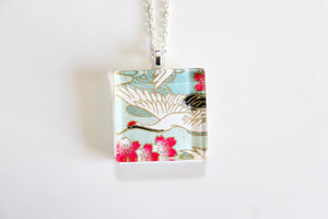 Cranes and Cherry Blossoms - Square Washi Paper Pendant Necklace
