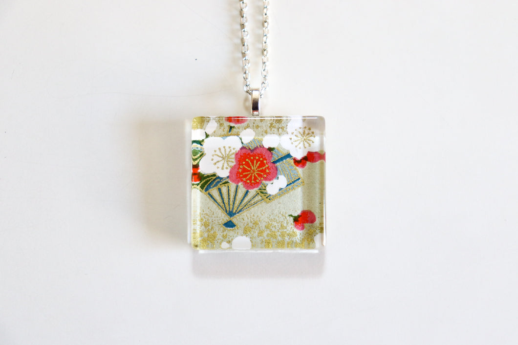Pretty Fans and Flowers - Square Washi Paper Pendant Necklace