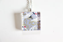 Load image into Gallery viewer, Cranes and Shibori - Square Washi Paper Pendant Necklace
