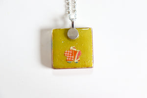 Bamboo and Shibori - Square Washi Paper Pendant Necklace