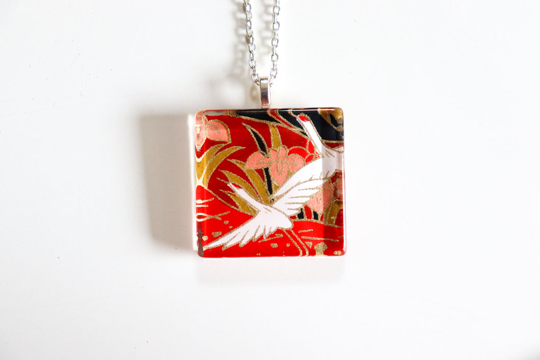 Red Cranes in Sky - Square Washi Paper Pendant Necklace