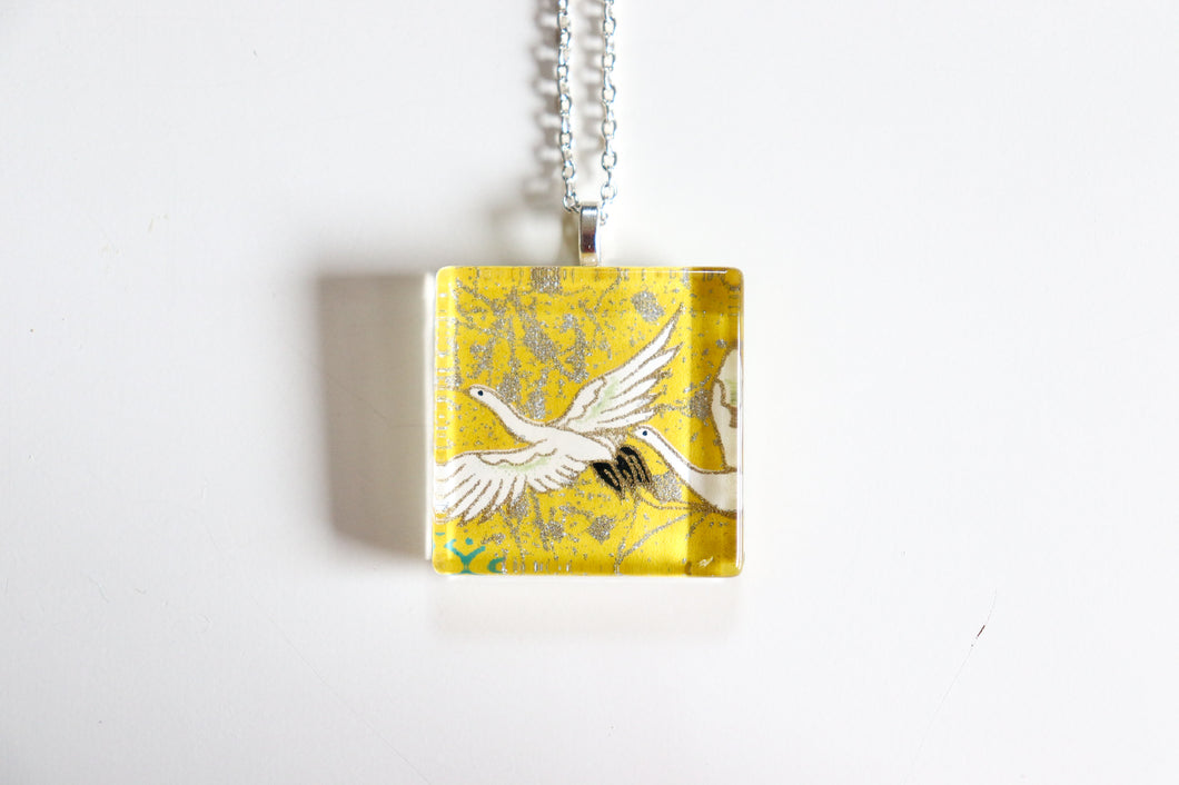Yellow Cranes in the sky - Square Washi Paper Pendant Necklace